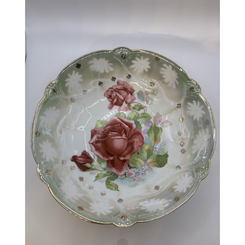 Set of 2 Vintage Porcelain Floral Serving Bowls Red Roses Pansies Gold Rim Vntg - Picture 9 of 15